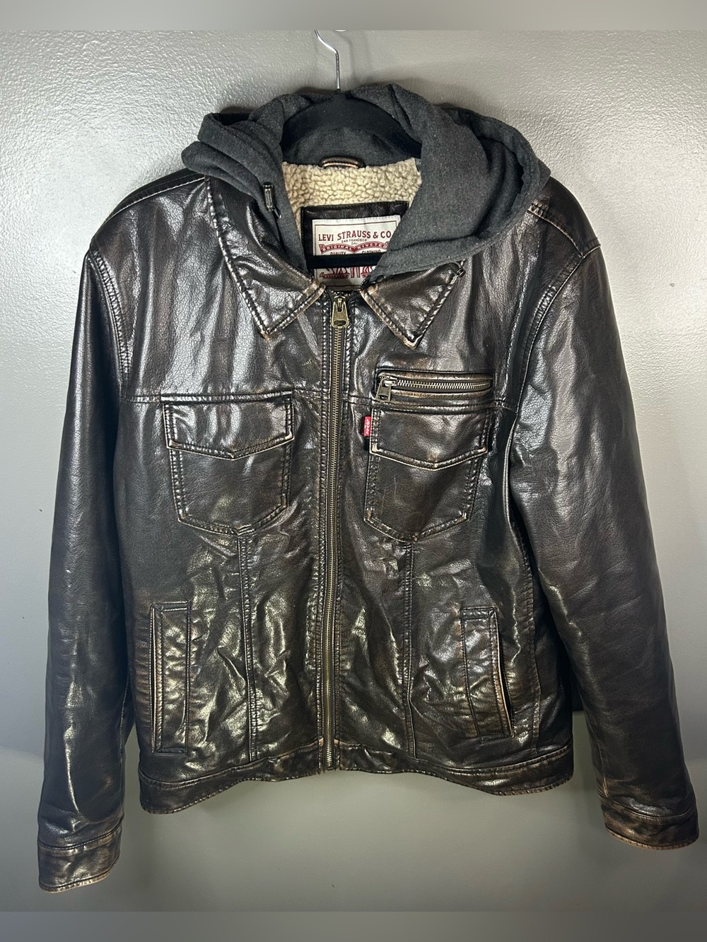 Levis Brown Faux Leather Sherpa Lined Trucker Hooded Jacket Size Medium